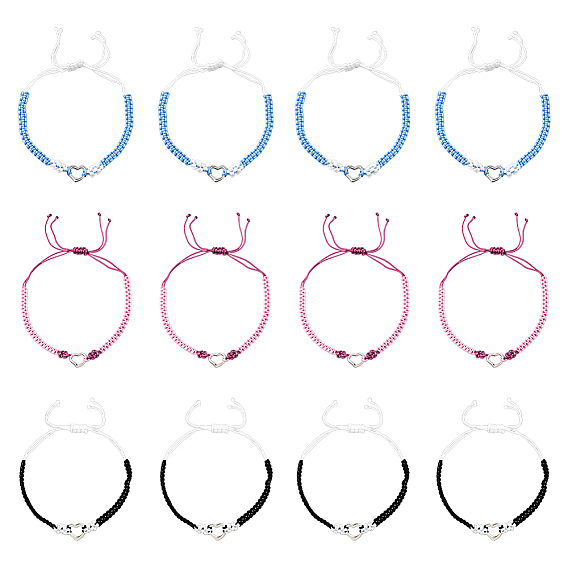 12 шт. 3 цвета регулируемые нейлоновые плетеные браслеты для женщин, с подвеской в виде сердца из платинового сплава