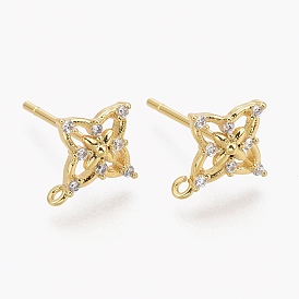Brass Micro Pave Clear Cubic Zirconia Stud Earring Findings, with Silicone Ear Nuts, with Loop, Long-Lasting Plated, Flower