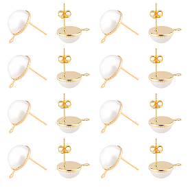 Brass Stud Earrings Findings, with ABS Plastic Imitation Pearl, 925 Sterling Silver Pins and Loop, with 20Pcs Ear Nut, Half Round