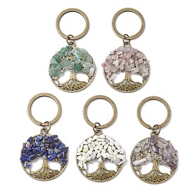 Natural Lapis Lazuli & Howlite & Rose Quartz & Amethyst & Green Aventurine Keychain, with Alloy Split Key Rings and Pendants, Tree of Life