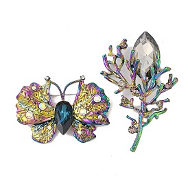 Butterfly/Flower Alloy Rhinestone Brooches, Rainbow Color