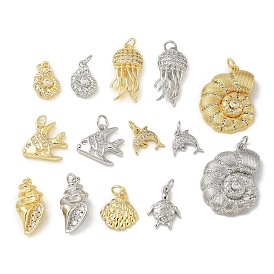 Brass Micro Pave Clear Cubic Zirconia Pendants, with Jump Ring, Sea Animals Charms