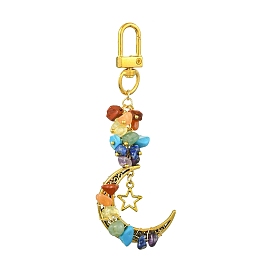 Synthetic & Natural Mixed Gemstone Pendant Decorations, with Tibetan Style Alloy Charms and Alloy Swivel Clasps, Moon