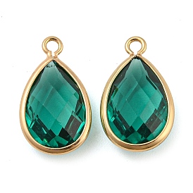 Brass with Sea Green Glass Pendants, Faceted Teardrop Charms, Long-Lasting Plated