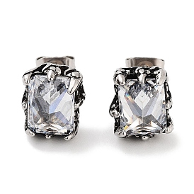 Rectangle 316 Surgical Stainless Steel Pave Clear Cubic Zirconia Stud Earrings for Women Men