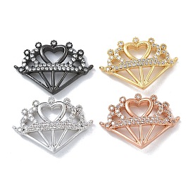 Rack Plating Brass Micro Pave Clear Cubic Zirconia Heart Crown Connector Charms, Long-Lasting Plated, Cadmium Free & Lead Free