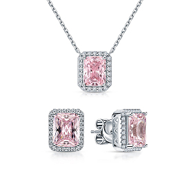 925 Sterling Silver Cubic Zirconia Rectangle Stud Earrings & Pendant Necklace Set for Women
