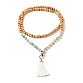 Collier pendentif sukura avec gros pompon, fleur naturelle amazonite et perles de bois grosse déclaration pour les femmes