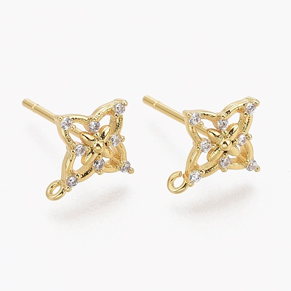 Brass Micro Pave Clear Cubic Zirconia Stud Earring Findings, with Silicone Ear Nuts, with Loop, Long-Lasting Plated, Flower