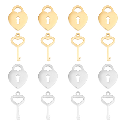 16Pcs 2 Style 304 Stainless Steel Pendants, Laser Cut, Heart Key & lOCK