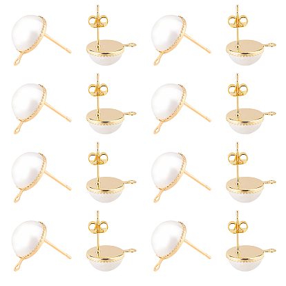 Brass Stud Earrings Findings, with ABS Plastic Imitation Pearl, 925 Sterling Silver Pins and Loop, with 20Pcs Ear Nut, Half Round