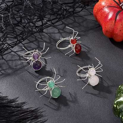 Кольца из натурального драгоценного камня, паук, серебряные