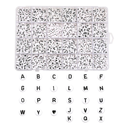 1200Pcs 27 Style White Acrylic Beads, Flat Round with Black Letter & Heart Pattern