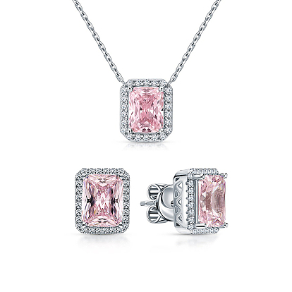 925 Sterling Silver Cubic Zirconia Rectangle Stud Earrings & Pendant Necklace Set for Women