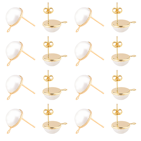 Brass Stud Earrings Findings, with ABS Plastic Imitation Pearl, 925 Sterling Silver Pins and Loop, with 20Pcs Ear Nut, Half Round