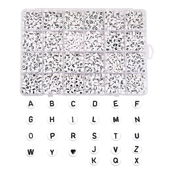1200Pcs 27 Style White Acrylic Beads, Flat Round with Black Letter & Heart Pattern