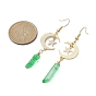 Moon & Star Brass Dangle Earrings, Dyed Natural Quartz Crystal Nugget Long Drop Earrings