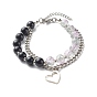 Glass Round Beaded Multi-strand Bracelets, with 304 Stainless Steel Heart Charm & Curb Chain