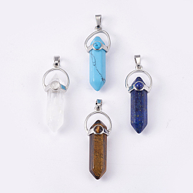 Mixed Gemstone Double Terminated Pointed Pendants, with Brass Findings, Bullet, Platinum
