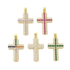 Rack Plating Brass Micro Pave Cubic Zirconia Pendants, Cadmium Free & Lead Free, Long-Lasting Plated, Cross, Real 18K Gold Plated