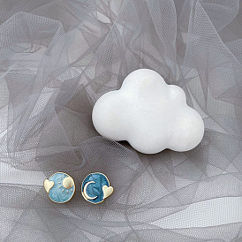 Enamel Moon & Star Asymmetrical Earrings, Alloy Stud Earrings with 925 Sterling Silver Pins for Women
