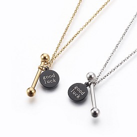 304 Stainless Steel Pendant Necklaces, Flat Round with Word good luck, Black