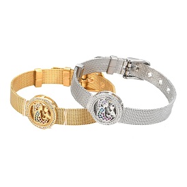 Unisex 304 Stainless Steel Watch Band Wristband Bracelets, with Brass Micro Pave Cubic Zirconia Slider Charms, Flat Round with Mother and Baby