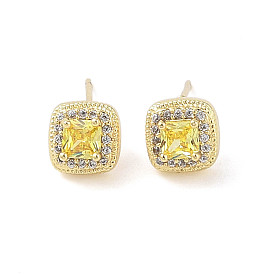 Square Brass Micro Pave Clear Cubic Zirconia Stud Earrings with Glass for Women