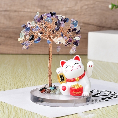Natural Gemstone Chips Tree of Life Decorations, Maneki Neko with Copper Wire Feng Shui Energy Stone Gift for Women Men Meditation