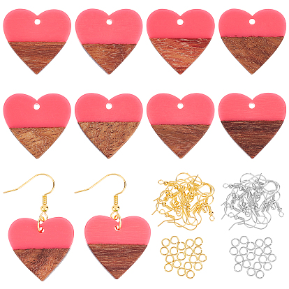 Kit de fabrication de boucles d'oreilles pendantes en forme de cœur, y compris les pendentifs en résine et en bois de noyer, Crochets d'oreille en laiton, fer Anneaux ouverte