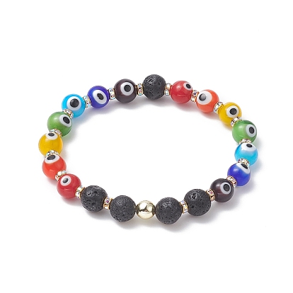 Evil Eye Lampwork & Synthetic Hematite & Natural Lava Rock Round Beaded Strech Bracelet for Women