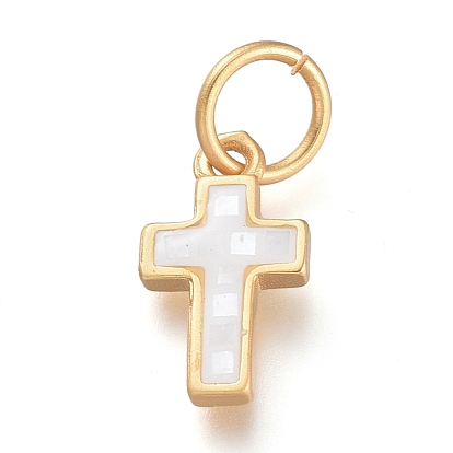 Natural Shell Charms, with Brass Findings and Jump Rings, Cross, Matte Style, Matte Gold Color