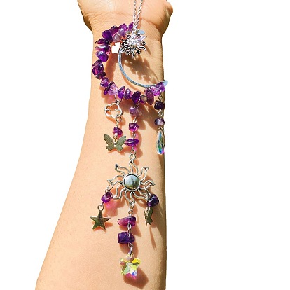 Gemstone Chip Wrapped Metal Moon & Sun Hanging Ornaments, Glass Star Tassel Suncatchers for Home Garden Outdoor Decoration