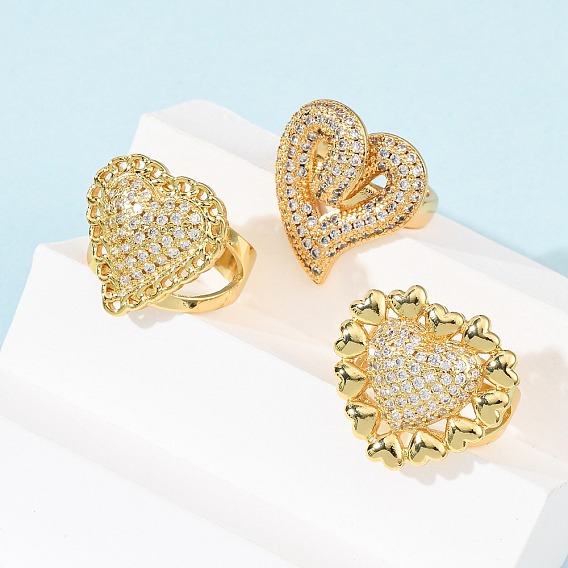 Регулируемые латунные кольца-манжеты с микропаве из кубического циркония для женщин, сердце, реальный 16 k позолоченный
