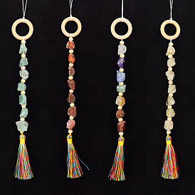 Gemstone Chip Pendant Decorations, Wood Ring and Tassel for Home Hanging Decorations