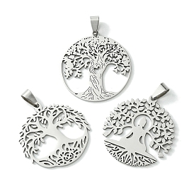 201 Stainless Steel Pendants, Flat Round with Tree of Life Charm