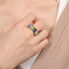 Colorful Geometric Rectangle Diamond Ring with Rainbow Gemstone for Fashionable Statement Finger Jewelry