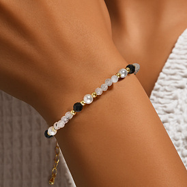 Браслет для женщин из кварцевого кристалла и бусин черного агата, латунные бусины и застежки-карабины