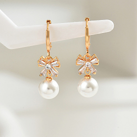 Sweet Stainless Steel Bowknot Hoop Earrings, with Clear Cubic Zirconia & Pearl, Elegant and Versatile Fashion Accessory