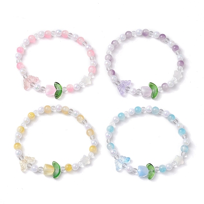 Stretch-Armbänder mit Tulpen- und Schmetterlingsmotiv und runden, zweifarbigen Glas-Jade-Imitationsperlen für Damen