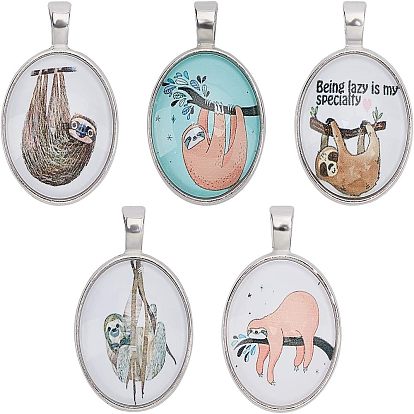 Alloy Glass Pendants, Flat Round with Sloth, Silver Color Plated