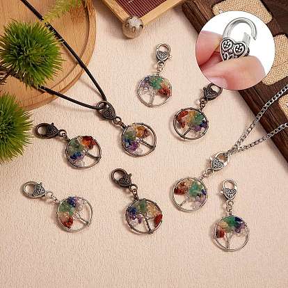 Natural/Synthetic Mixed Stone Pendant Decoration Sets, Flat Round with Tree of Life, with Heart Lobster Claw Clasps