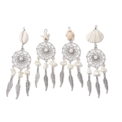 4 шт. 4 стили натуральная ракушка и синтетическая бирюза и сплав плетеная паутина/сетка с перьями большие подвески, подвески в виде ракушек, морских звезд и черепах на тему океана