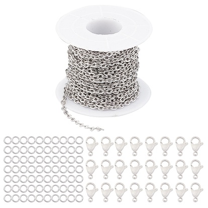 304 Stainless Steel Cable Chains, Soldered, with Spool, with Jump Rings & Brass Lobster Claw Clasps, Unwelded, Flat Oval