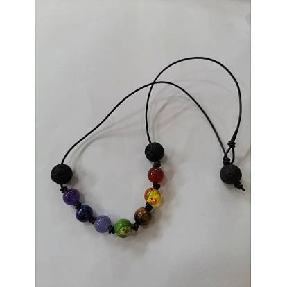Chakra Jewelry, Adjustable Leather Cord Necklaces, with Natural Mixed Gemstone Beads
