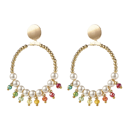Round Shell Pearl Beads & Glass Beads Big Ring Dangle Stud Earrings, Brass Earring for Girl Women, Golden