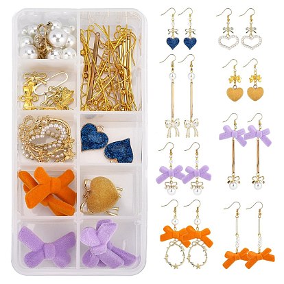DIY Bowknot Dangle Earring Making Kits, 14Pcs Bowknot & Heart Alloy/Acrylic/Plastic Pendants, 28Pcs Bowknot Acrylic & Glass Beads, Alloy & Brass Links and Brass Earring Findings