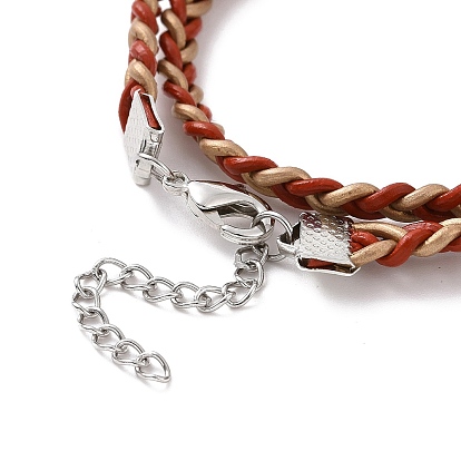 Cowhide Leather Braided Twist Rope Two Loops Wrap Bracelet with Brass Clasps for Women