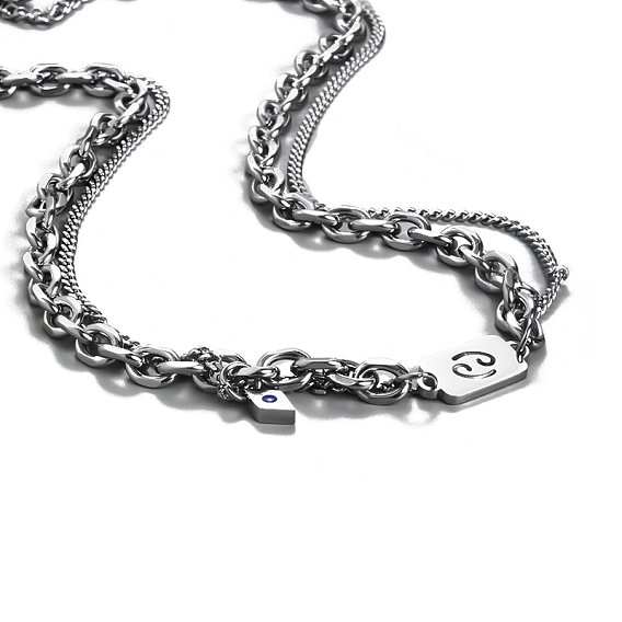 Men's Constellation Stainless Steel Necklace, Cable & Curb Chains Double Layer Necklace