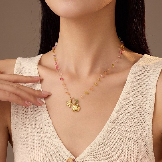 Летний пляж 304 ожерелья с кисточками из нержавеющей стали, кубического циркония и разноцветных окрашенных кристаллов, ожерелья с подвесками в форме ракушек и морских звезд для женщин